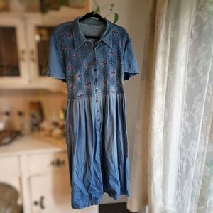 90s Cottagecore Sears Denim Dress with Floral Embroidery